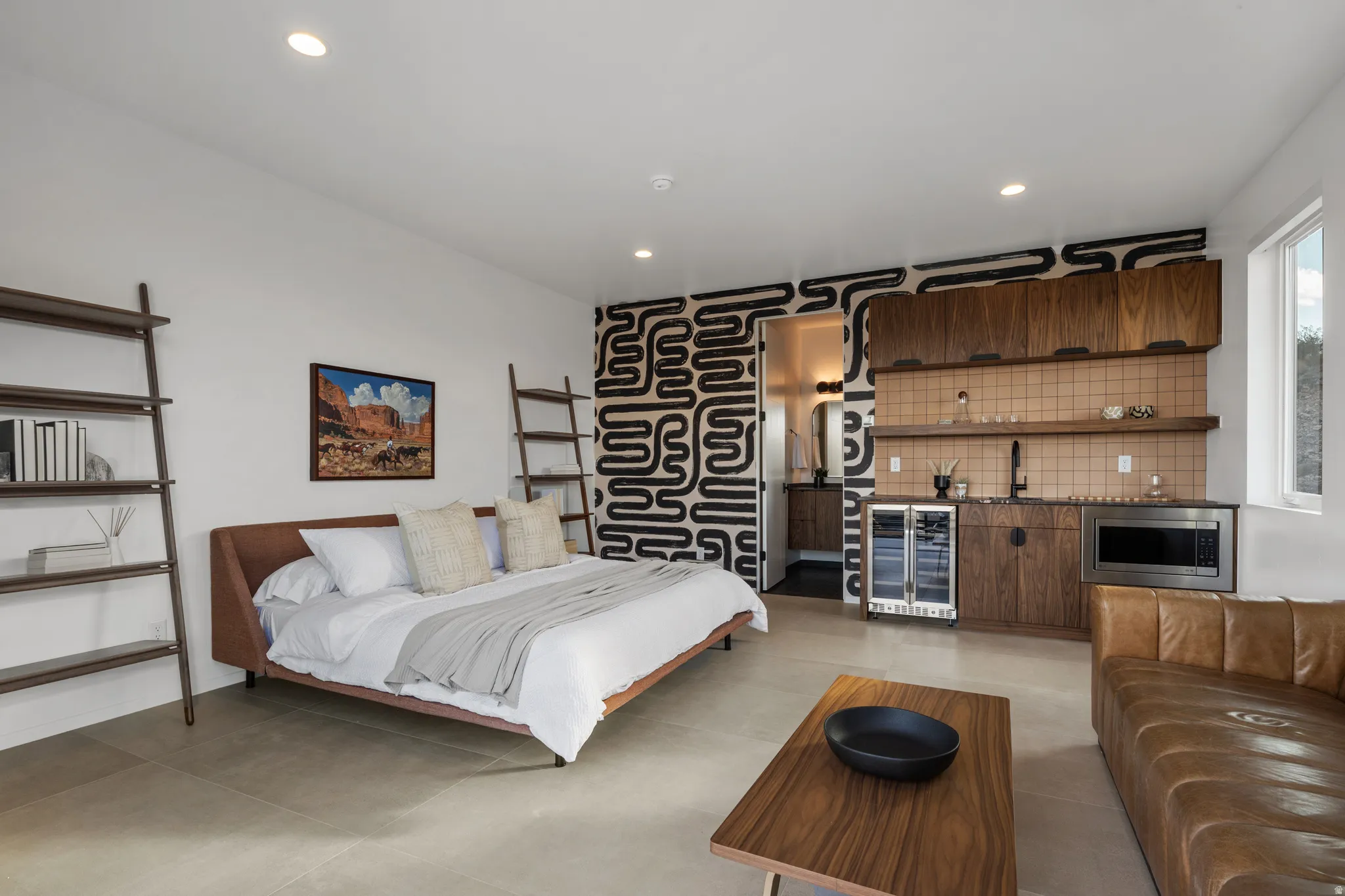 Bedroom with bar with sink, wine cooler, and recessed lighting