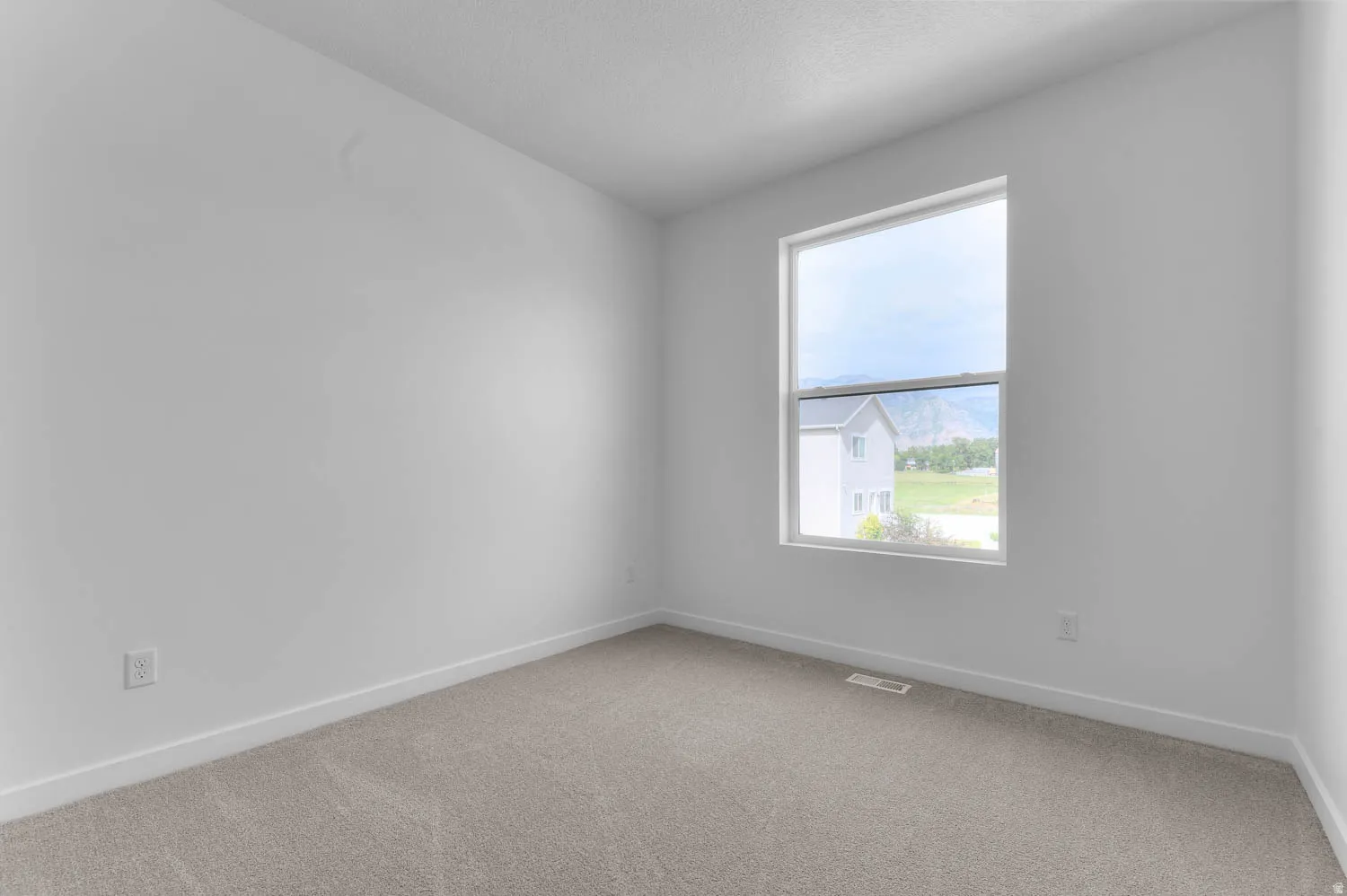 Room featuring a single window, light gray carpet flooring, white baseboards, and white painted walls