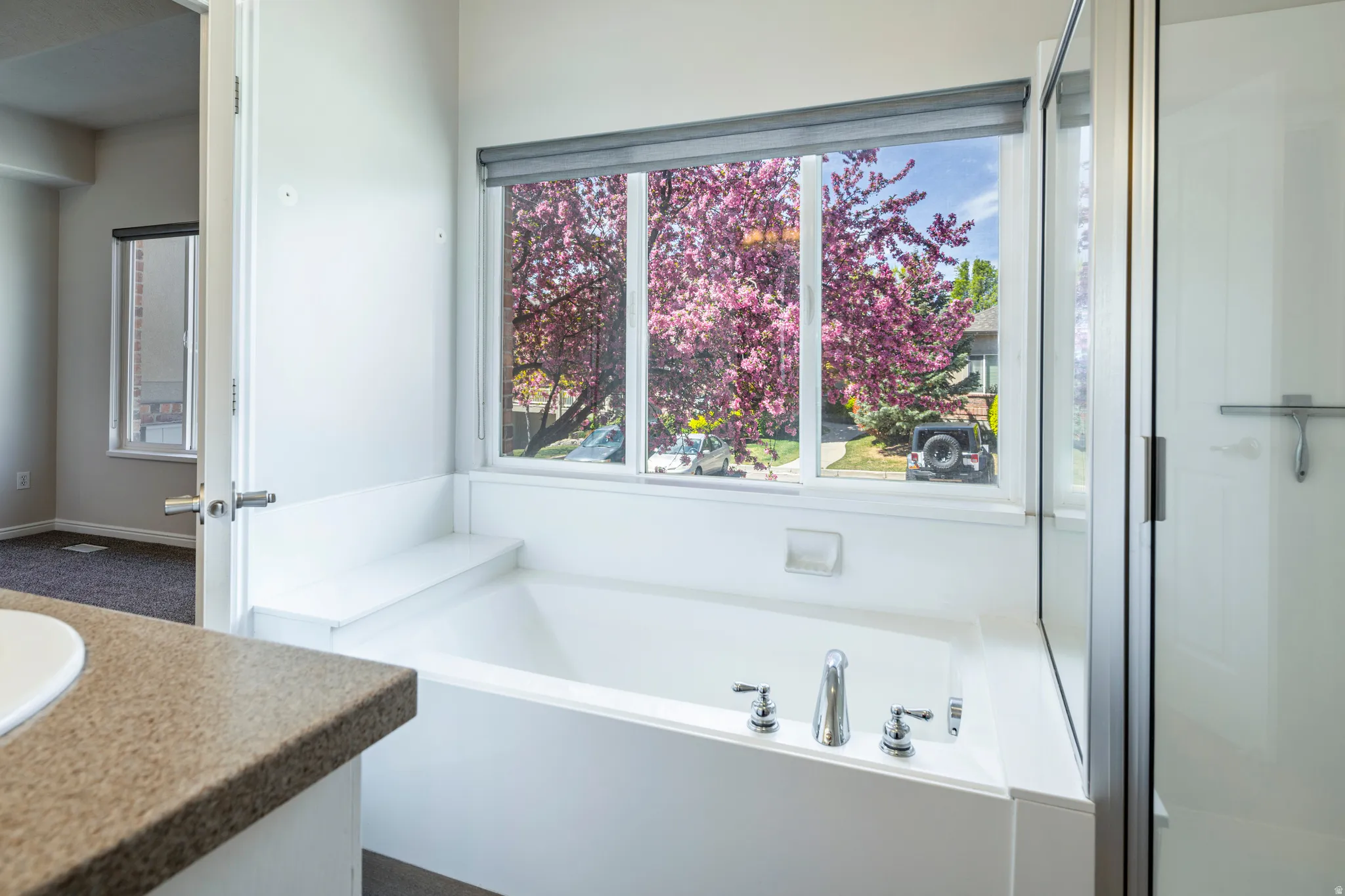 Full bathroom with vanity, a garden tub, and a stall shower