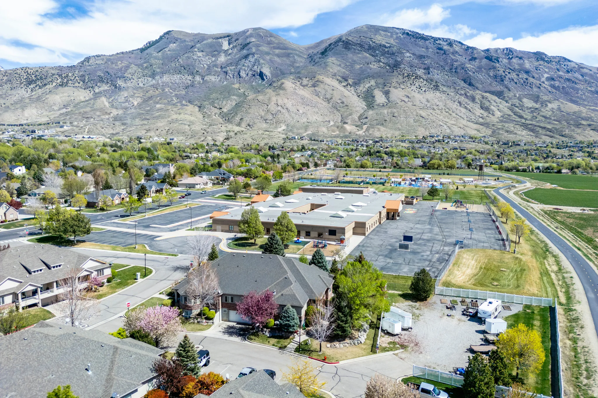 Aerial view of residential area with mountains