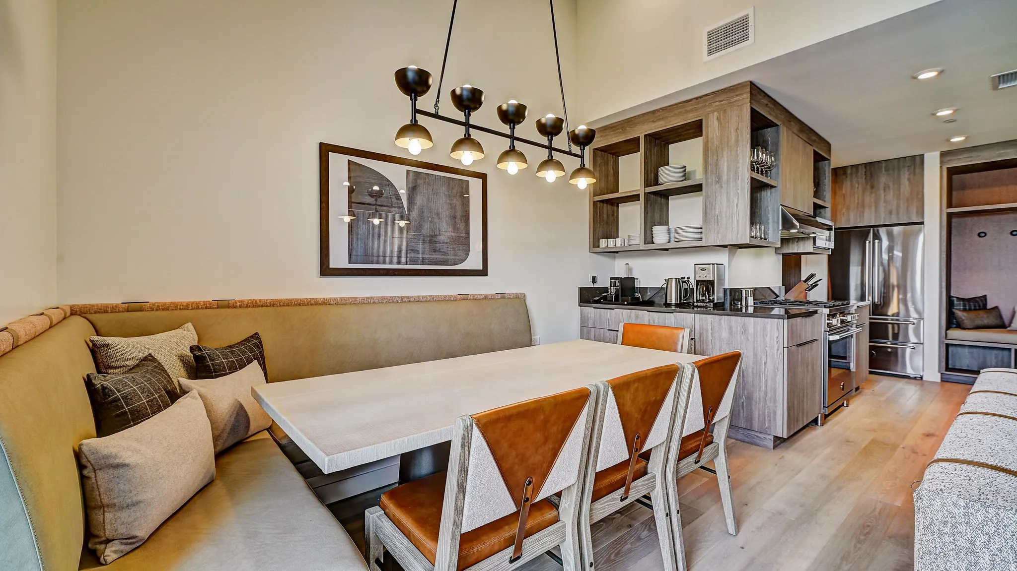 Dining area featuring light wood-type flooring and recessed lighting