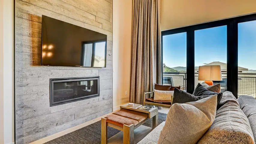 Living area with a glass covered fireplace