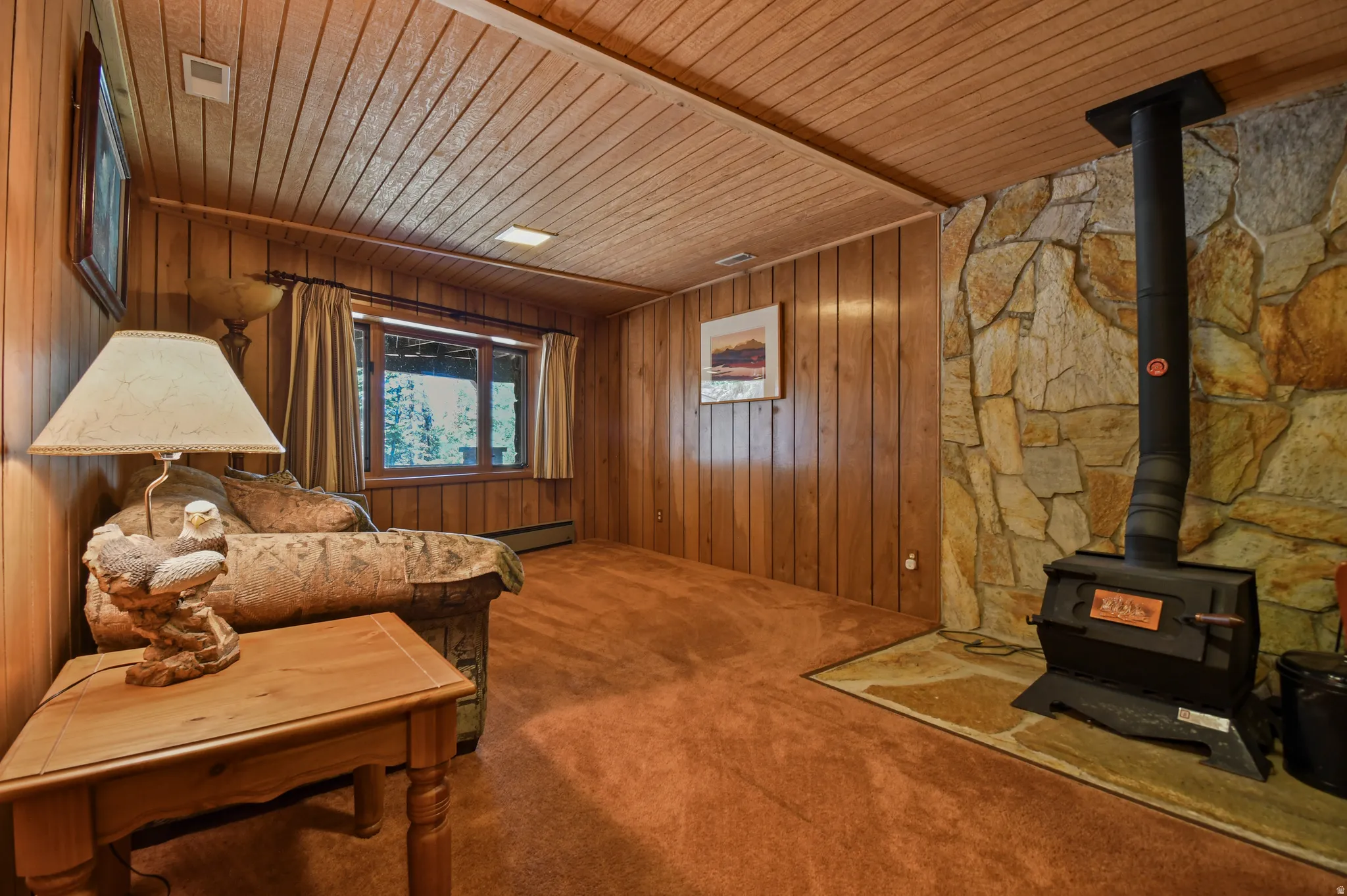 Living area with wood ceiling, wooden walls, carpet floors, a wood stove, and a baseboard radiator
