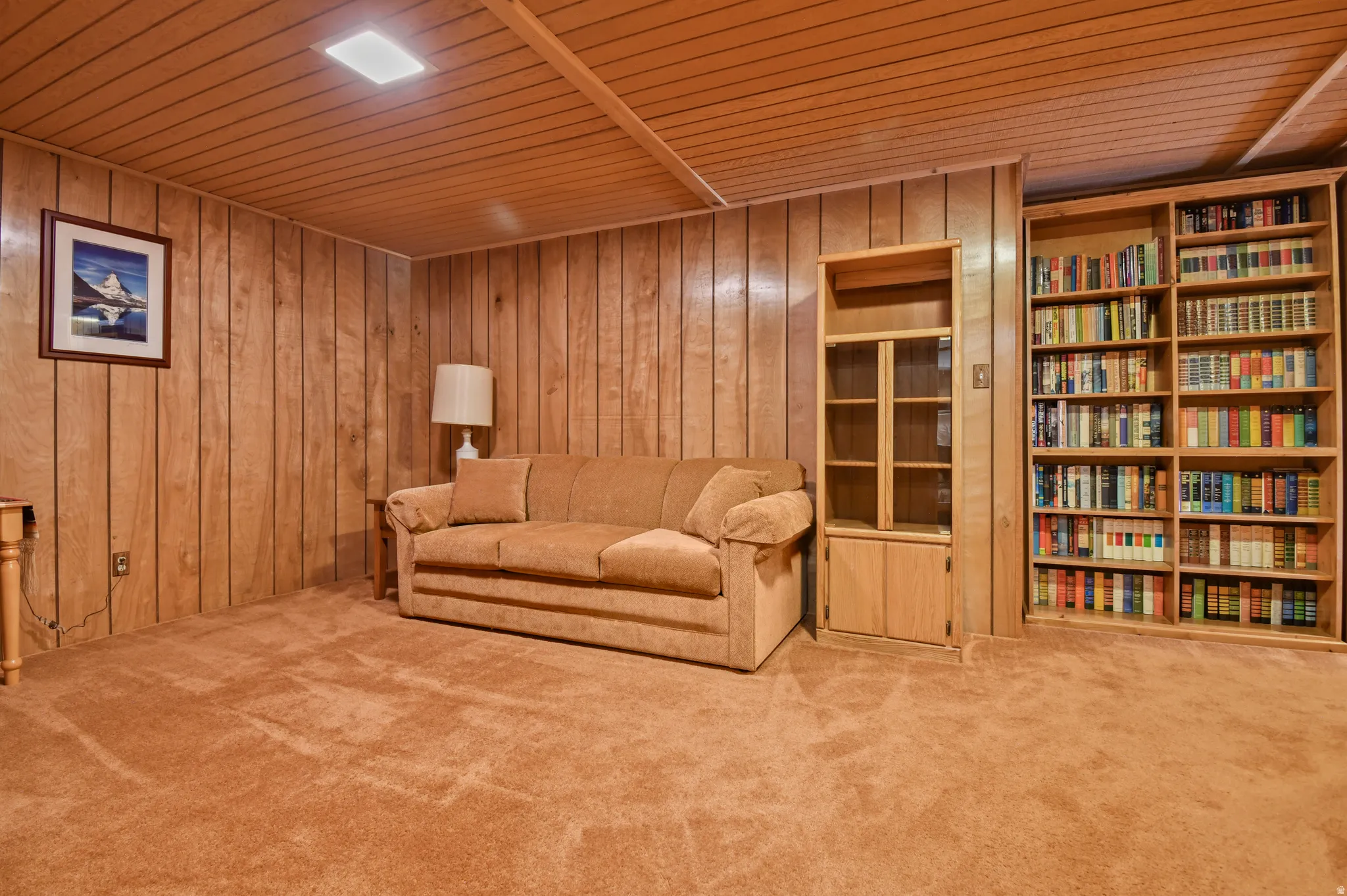 Living area with wooden ceiling, carpet floors, and wood walls