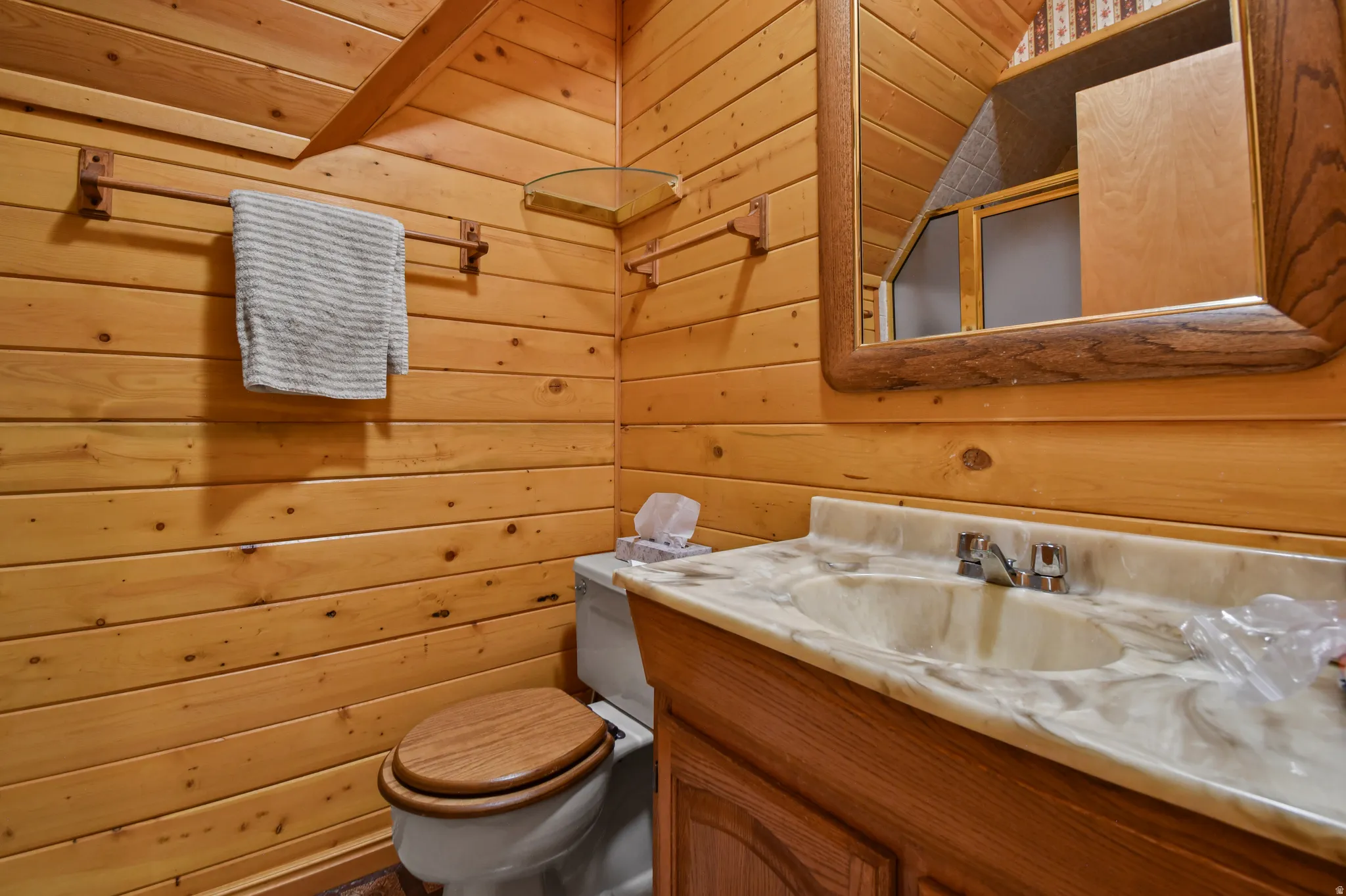 Bathroom with wooden walls and vanity
