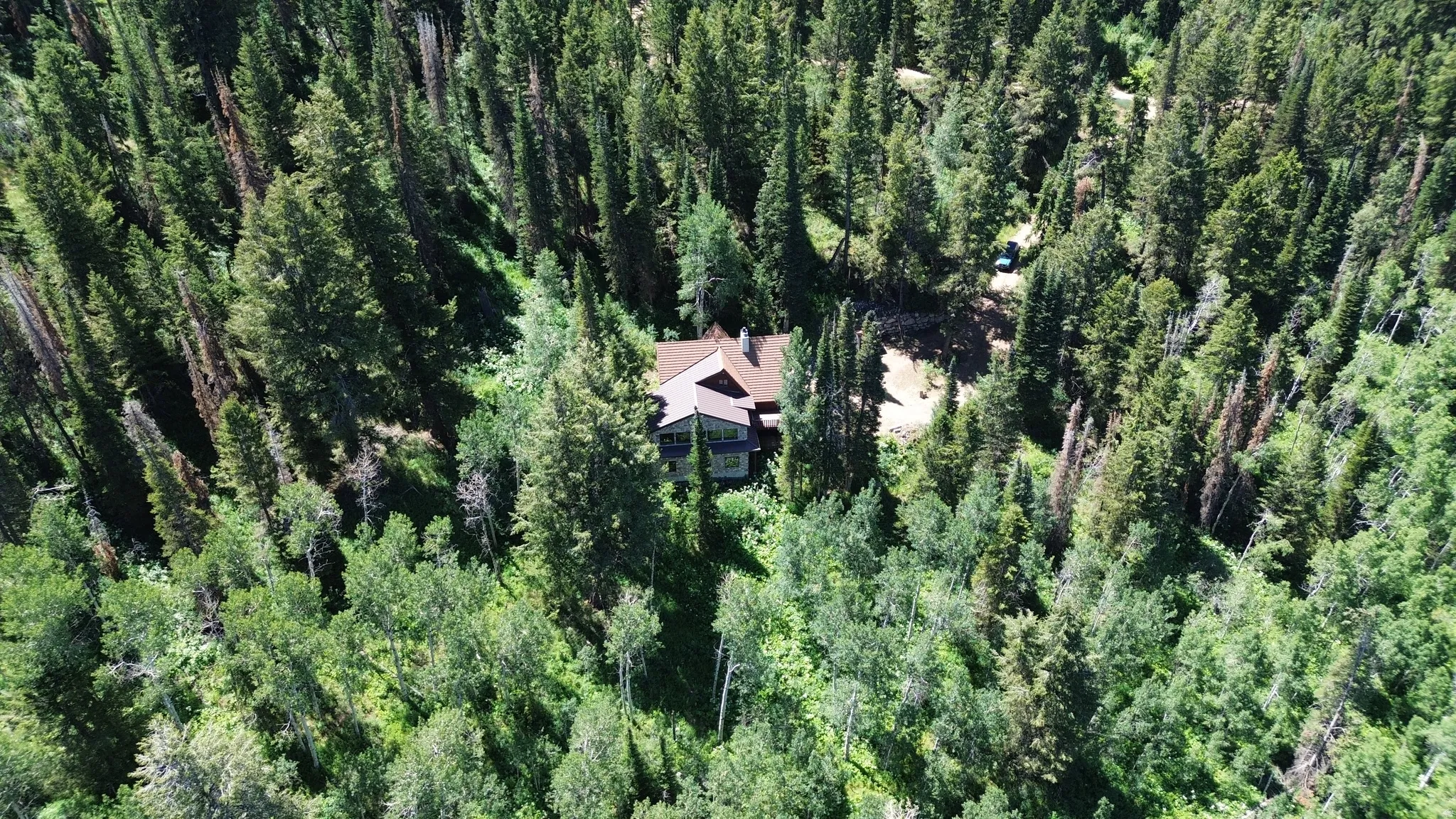 Aerial view of property and surrounding area with a heavily wooded area