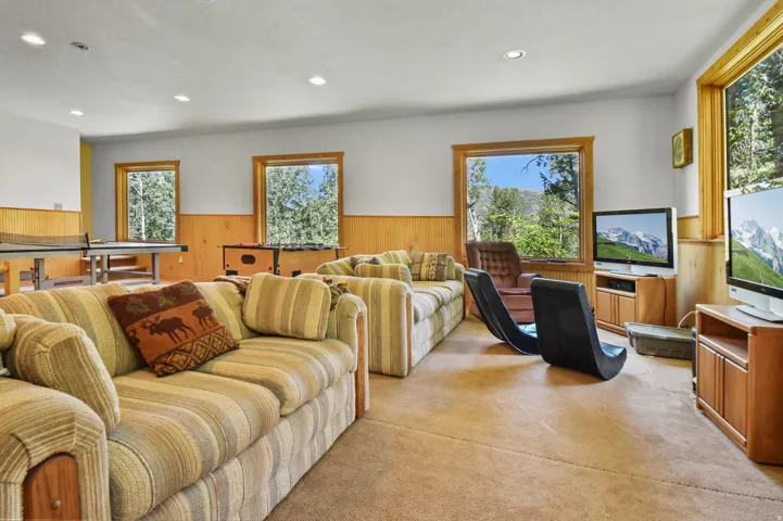 Living area featuring a wainscoted wall, wooden walls, light colored carpet, and recessed lighting