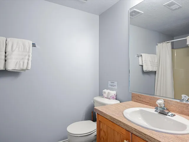 Full bath featuring vanity, a shower with shower curtain, and a textured ceiling