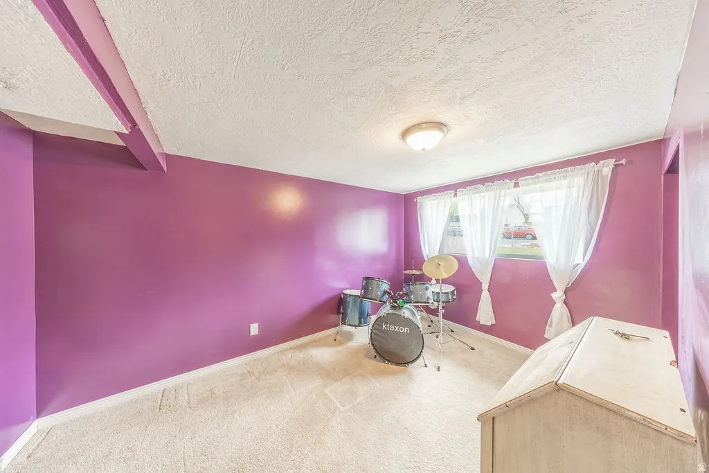 Game room with a textured ceiling and carpet flooring