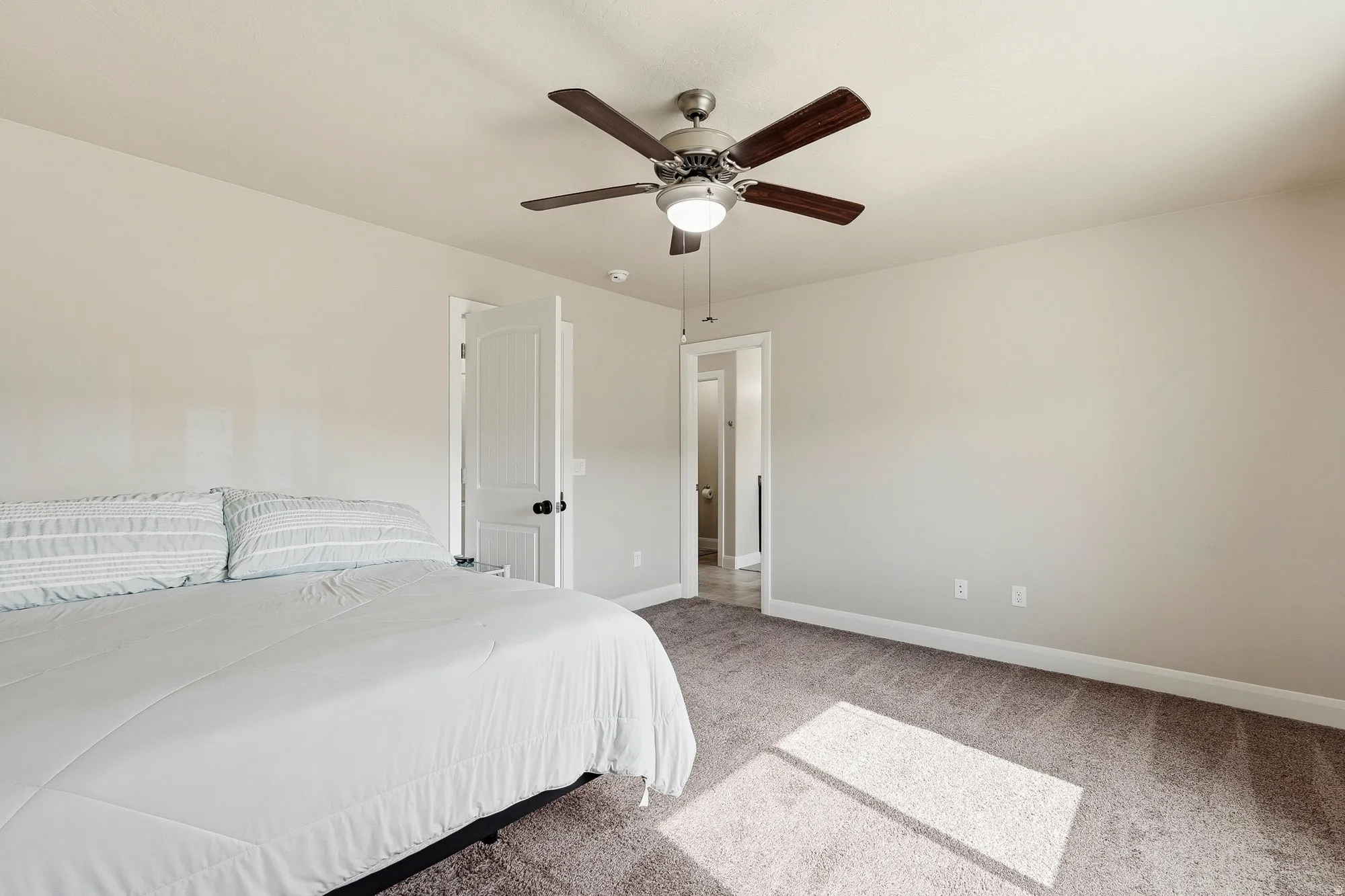 Spacious bedroom featuring neutral wall tones, plush carpeting, a ceiling fan with integrated lighting, and a white paneled door with black hardware