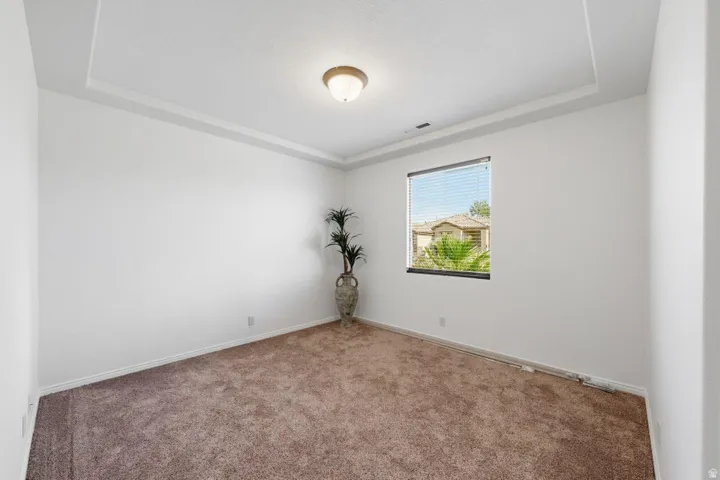 Carpeted empty room with a tray ceiling and baseboards