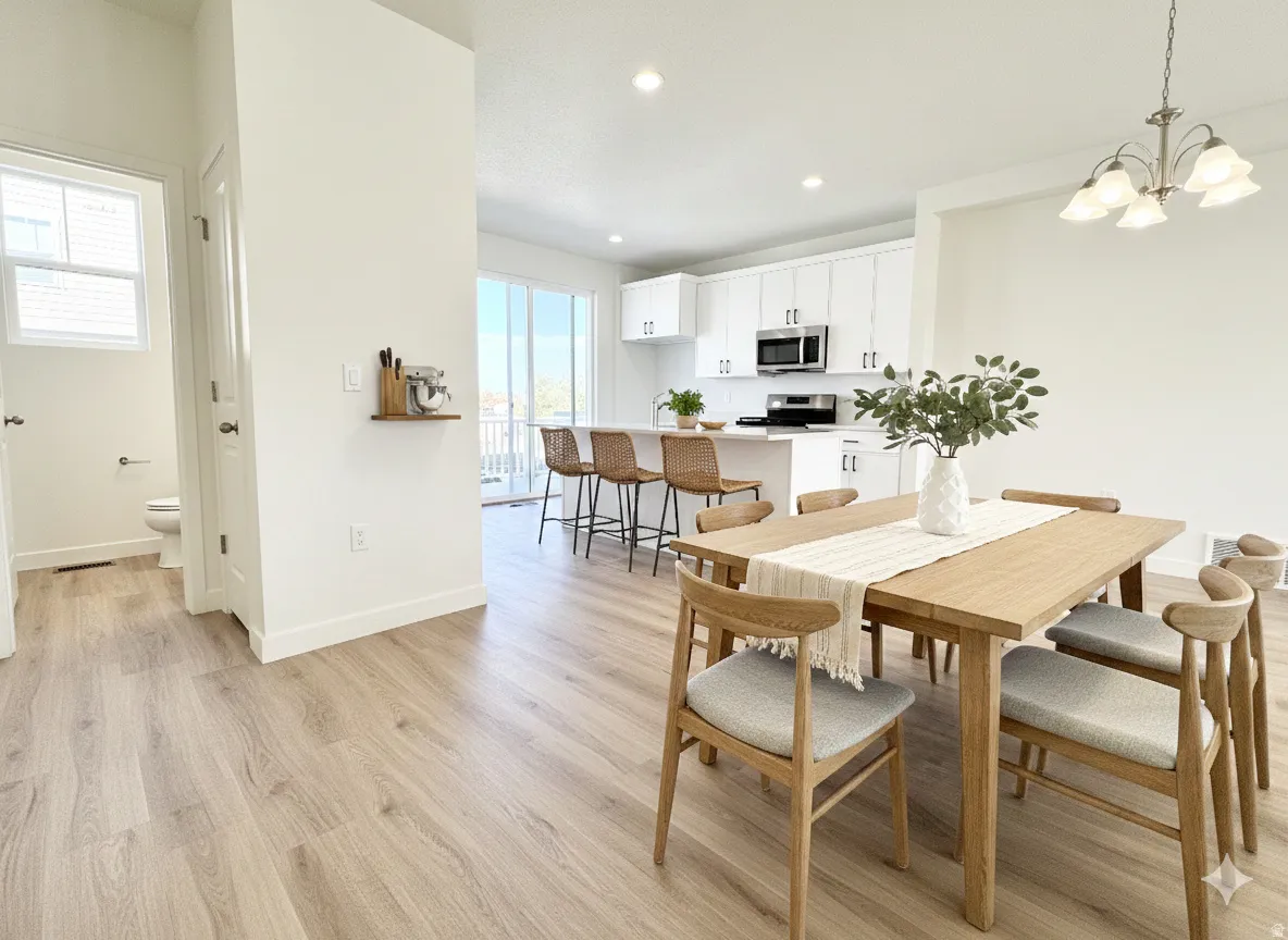 Dining area featuring light wood-type flooring and a chandelier