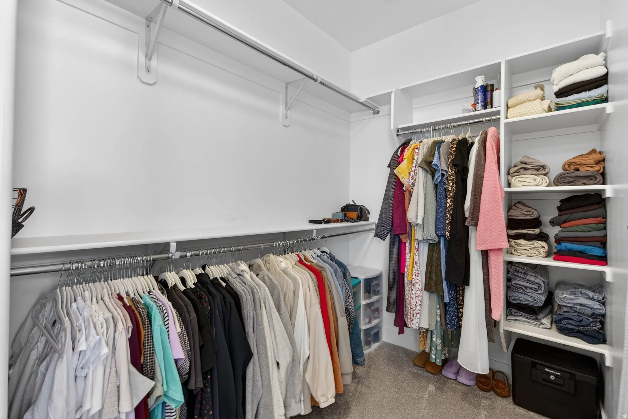 Walk in closet featuring light carpet