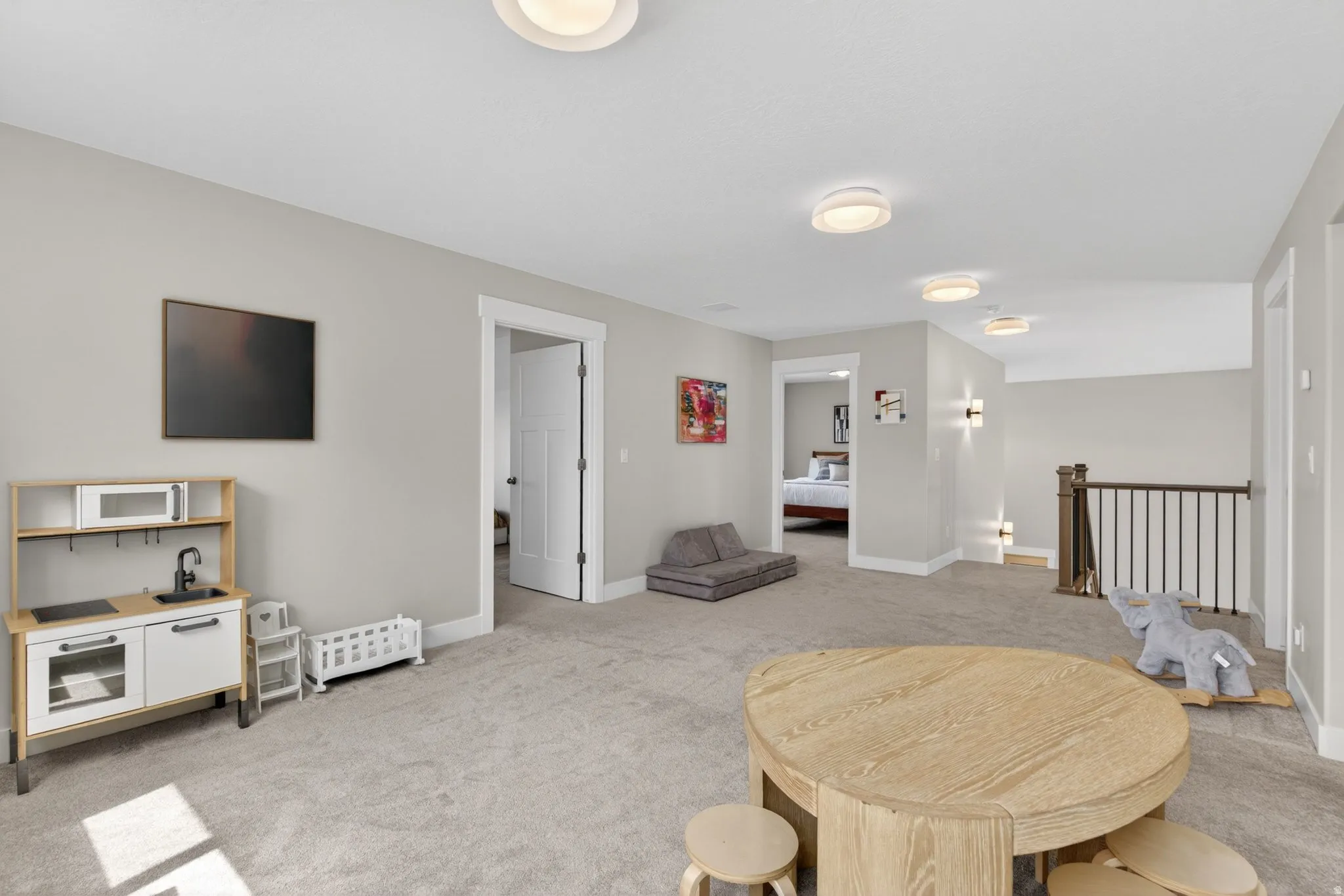 Dining area with light carpet