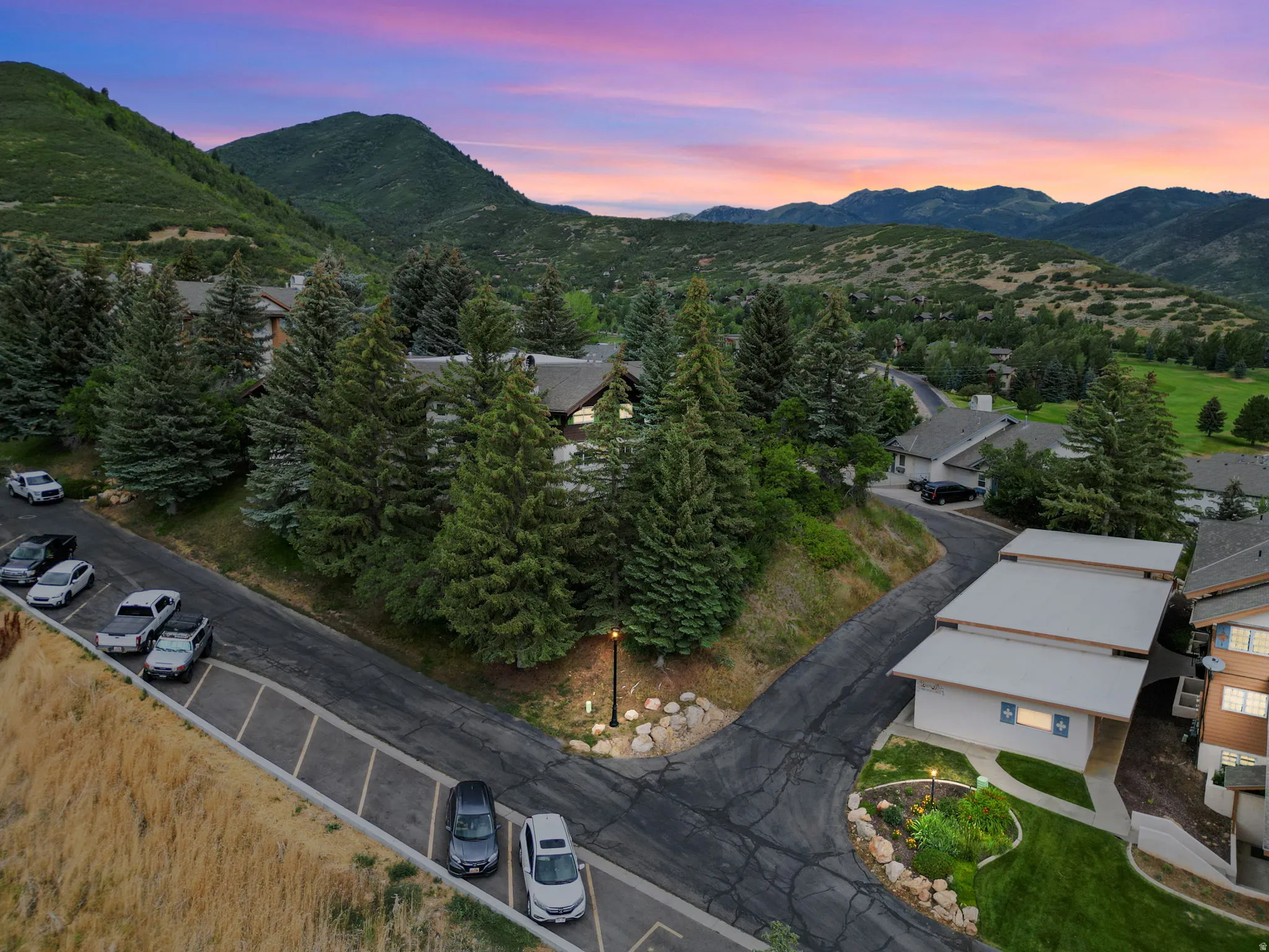 Aerial view at dusk of a mountain view