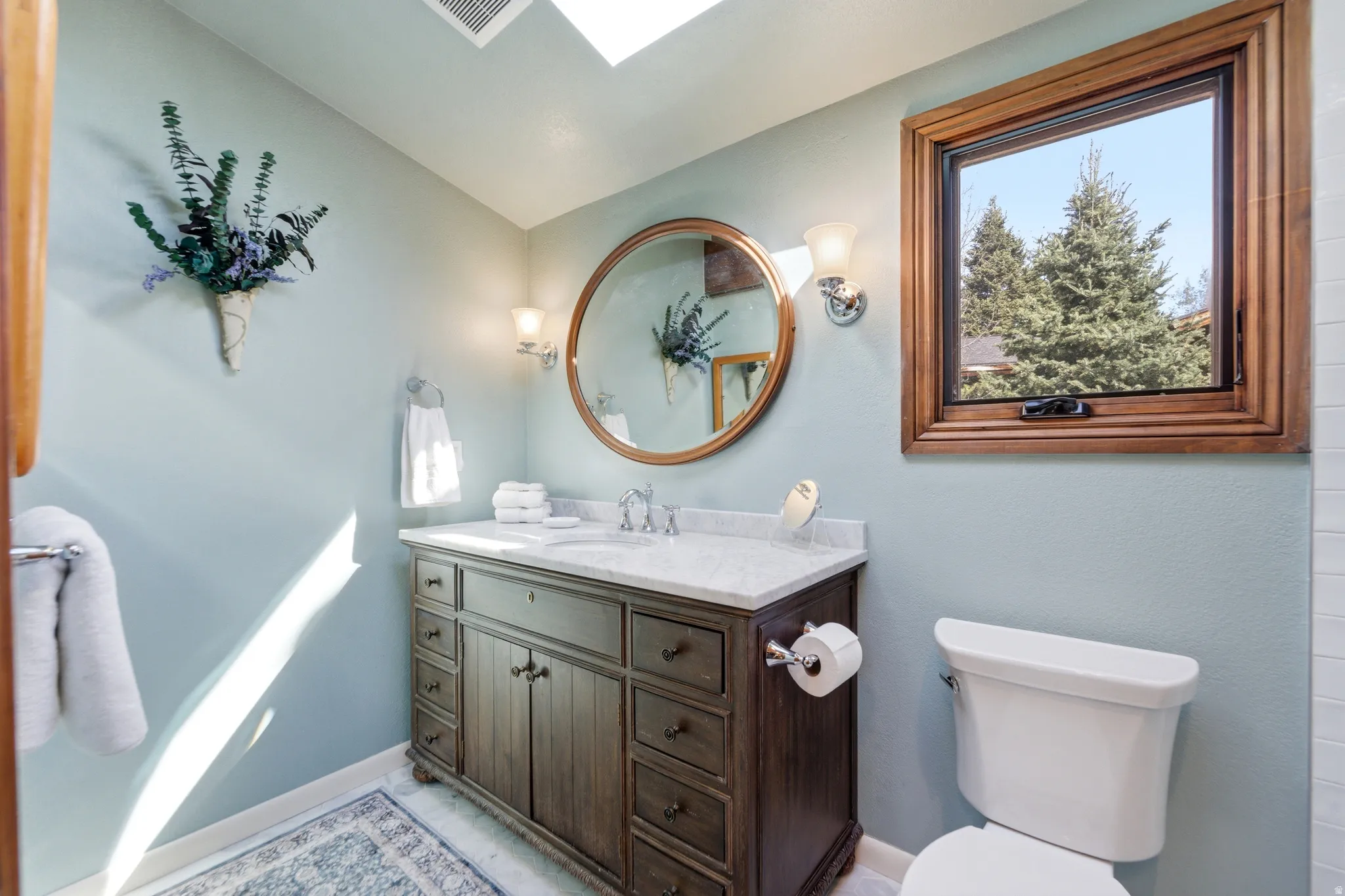 Bathroom featuring vanity, vaulted ceiling, and a skylight