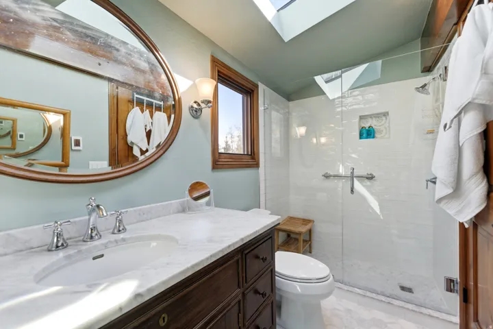Bathroom with vanity, a shower stall, a skylight, and lofted ceiling