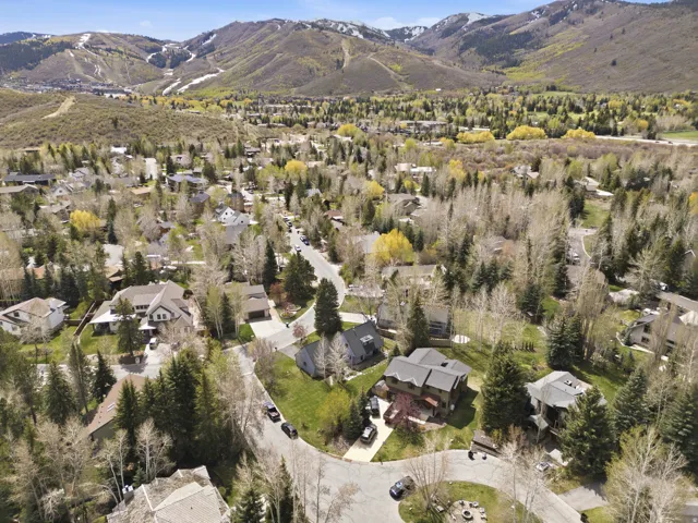 Aerial perspective of suburban area featuring a mountainous background