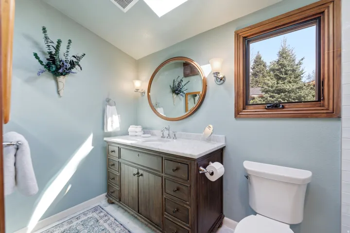 Bathroom featuring vanity, vaulted ceiling, and a skylight