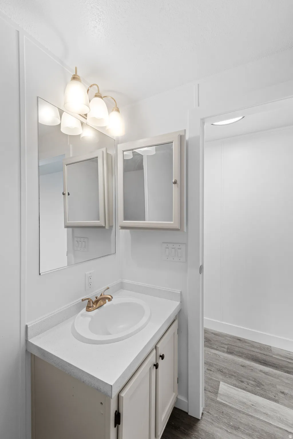 Bathroom featuring vanity and light wood-style floors