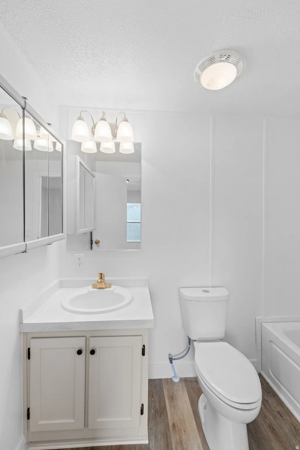 Full bath featuring vanity, a textured ceiling, and light wood-style flooring