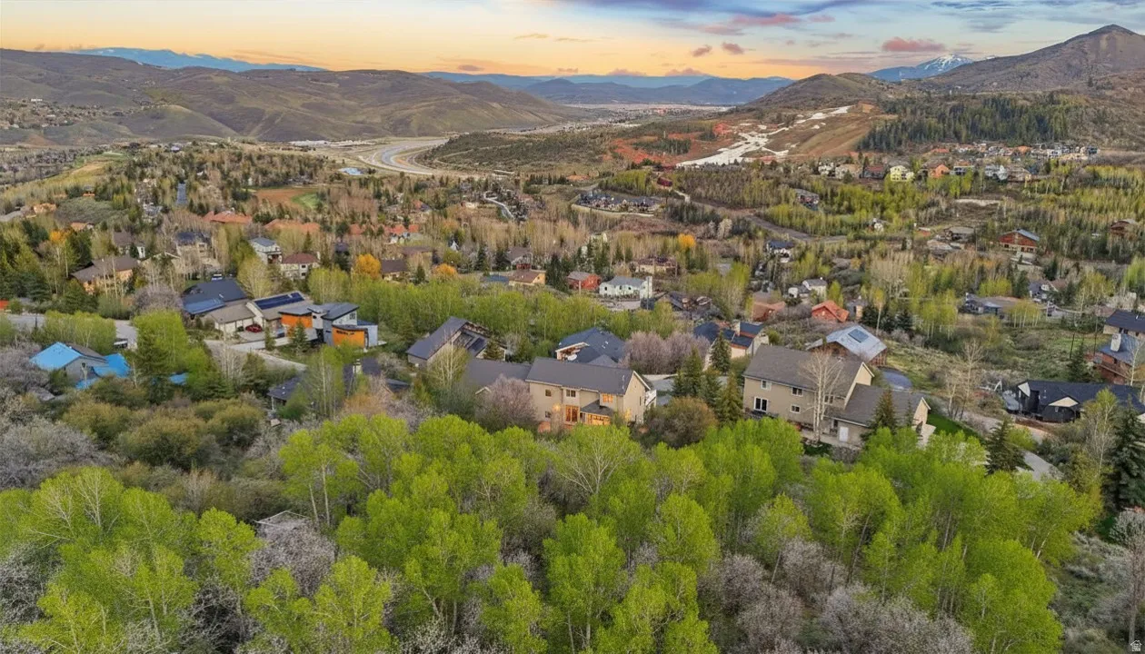 Aerial view of residential area with a mountainous background