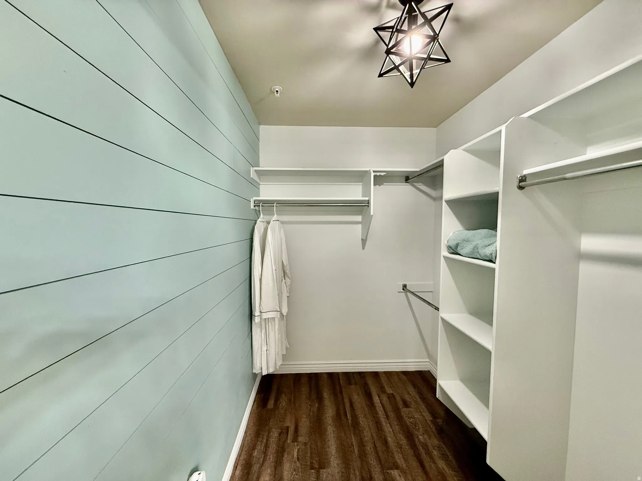 Walk in closet with dark wood-style flooring