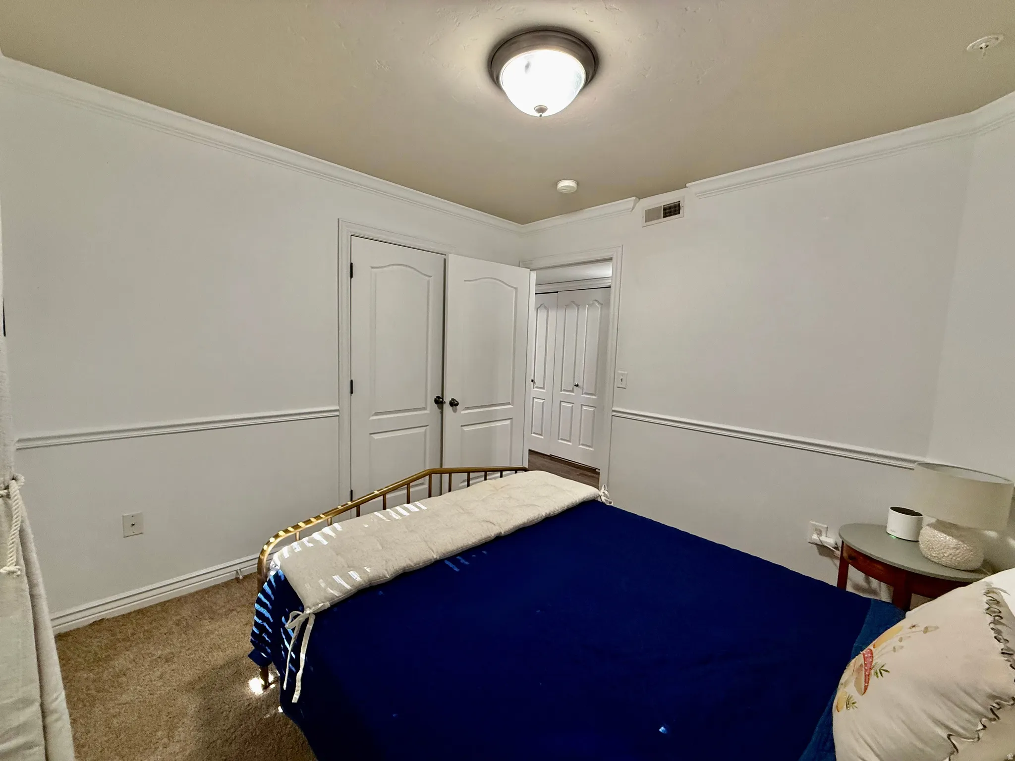 Carpeted bedroom with ornamental molding and a closet