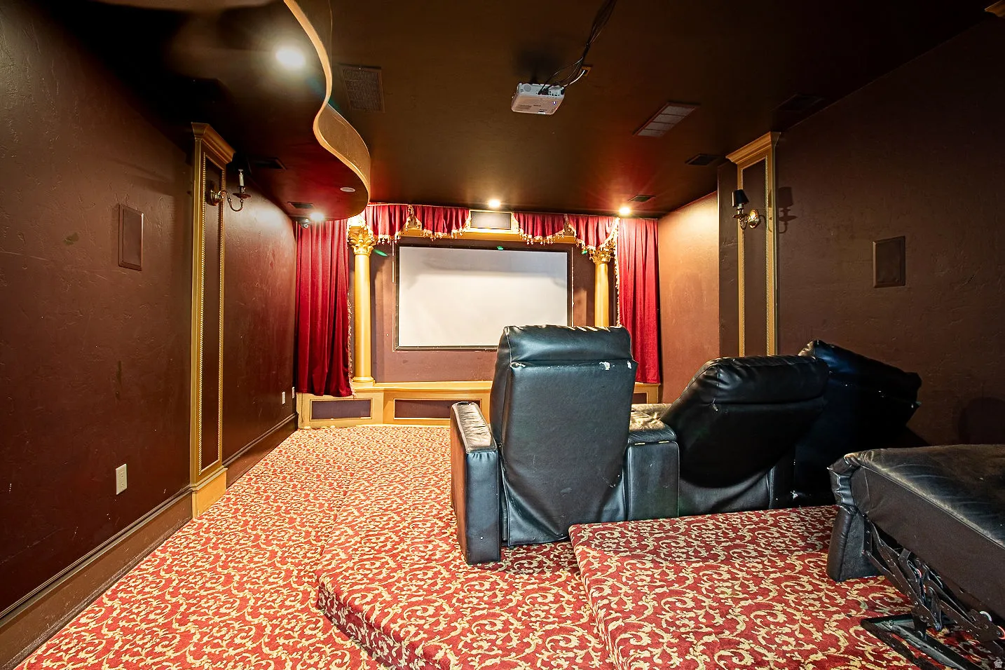 Home theater featuring carpet