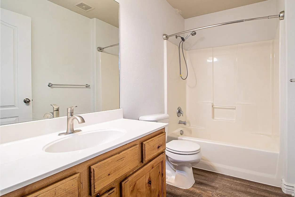 Bathroom featuring vanity, dark wood-type flooring, and bathing tub / shower combination