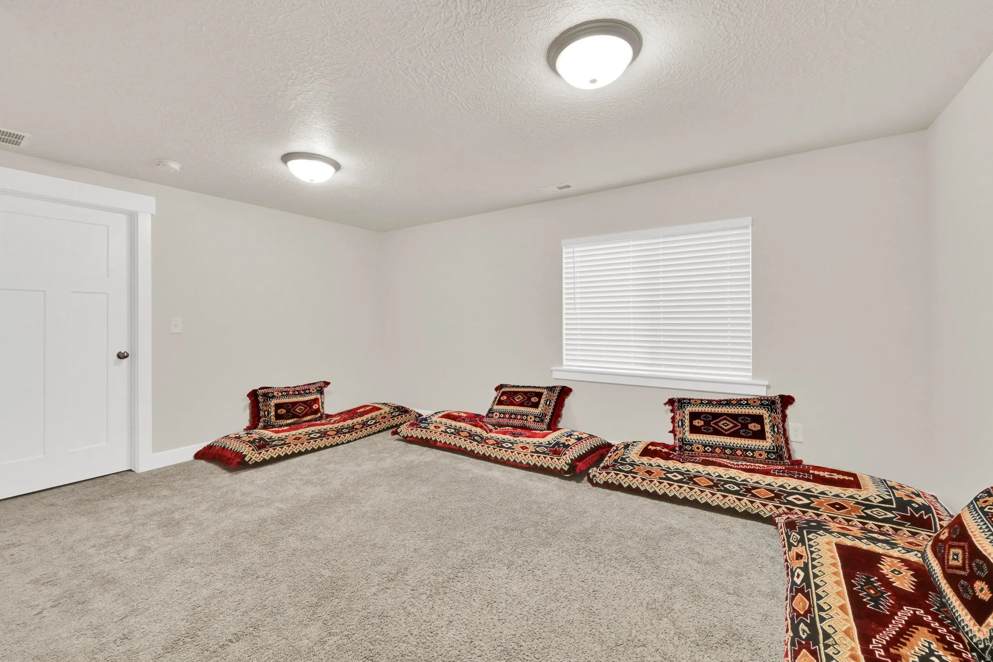 Sitting room featuring carpet flooring and a textured ceiling