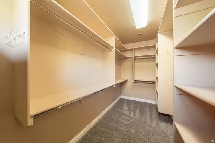 Walk in closet with dark carpet