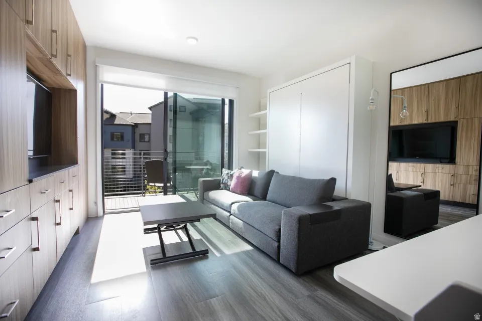 Living room featuring dark wood-type flooring and built in features