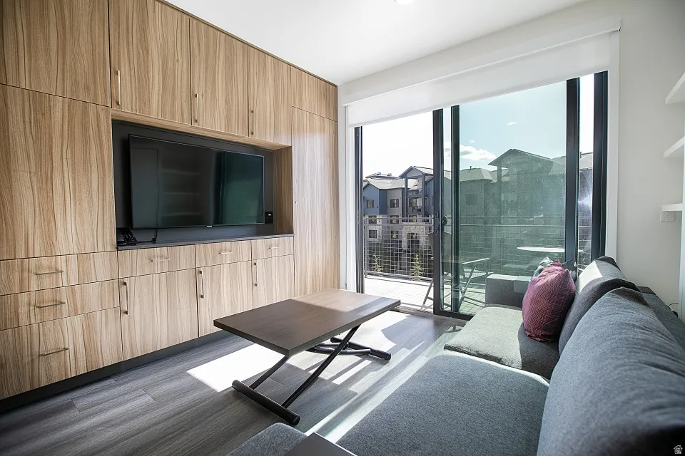 Living area featuring dark wood-type flooring