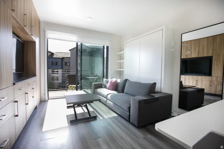Living room featuring dark wood-type flooring and built in features