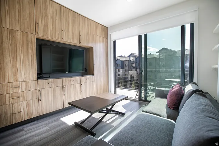 Living area featuring dark wood-type flooring