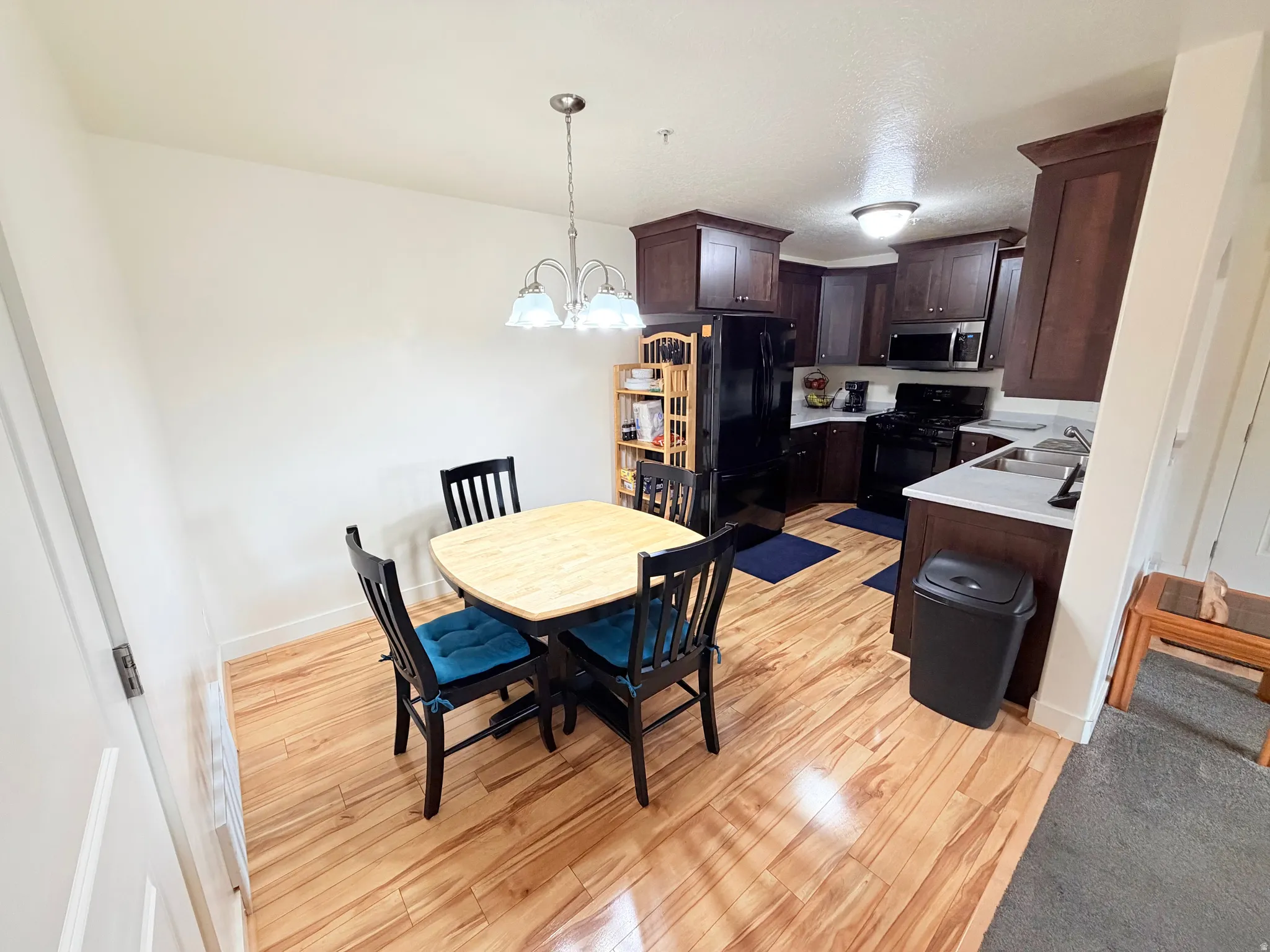 Kitchen area featuring wood-finish flooring, dark wood cabinetry, and a stainless steel sink