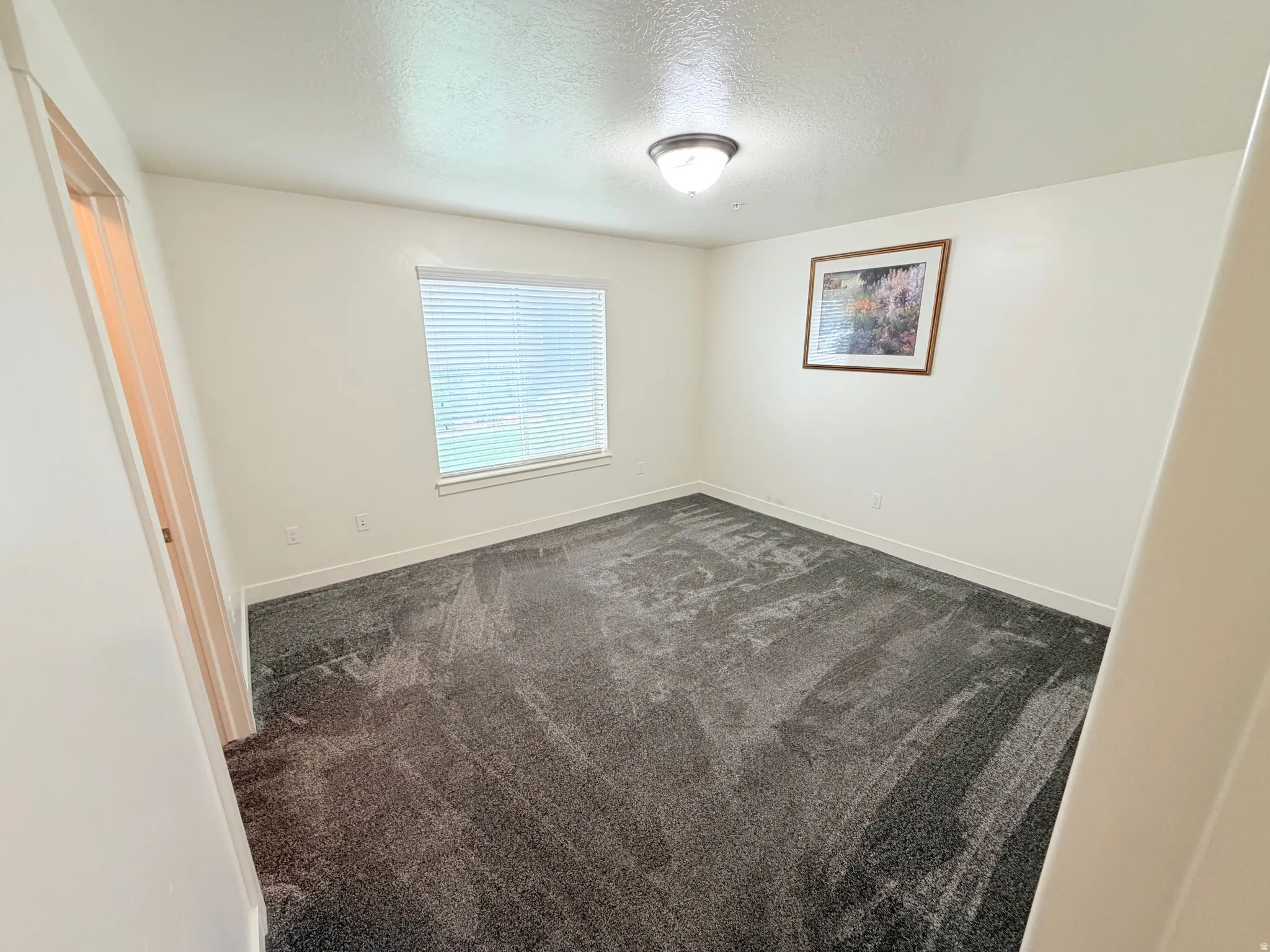 Room featuring neutral-toned walls and dark grey patterned carpeting