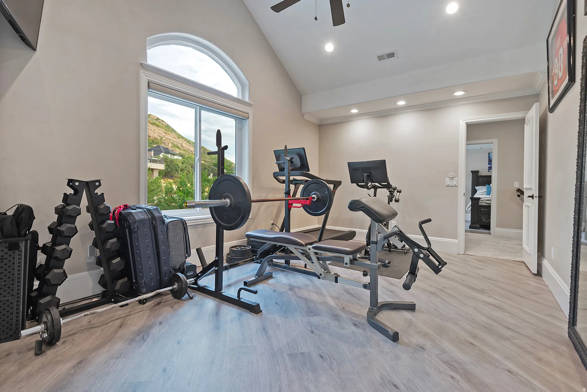 Exercise room featuring vaulted ceiling, recessed lighting, ceiling fan, and light wood-style flooring