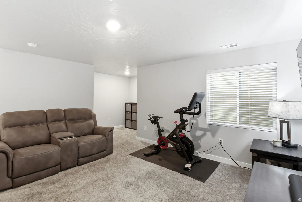 Workout room featuring carpet flooring and a textured ceiling