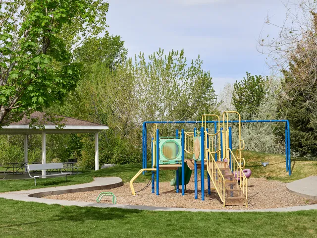 Community jungle gym with a yard
