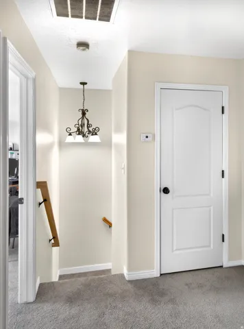 Stairway with carpet and hanging lights