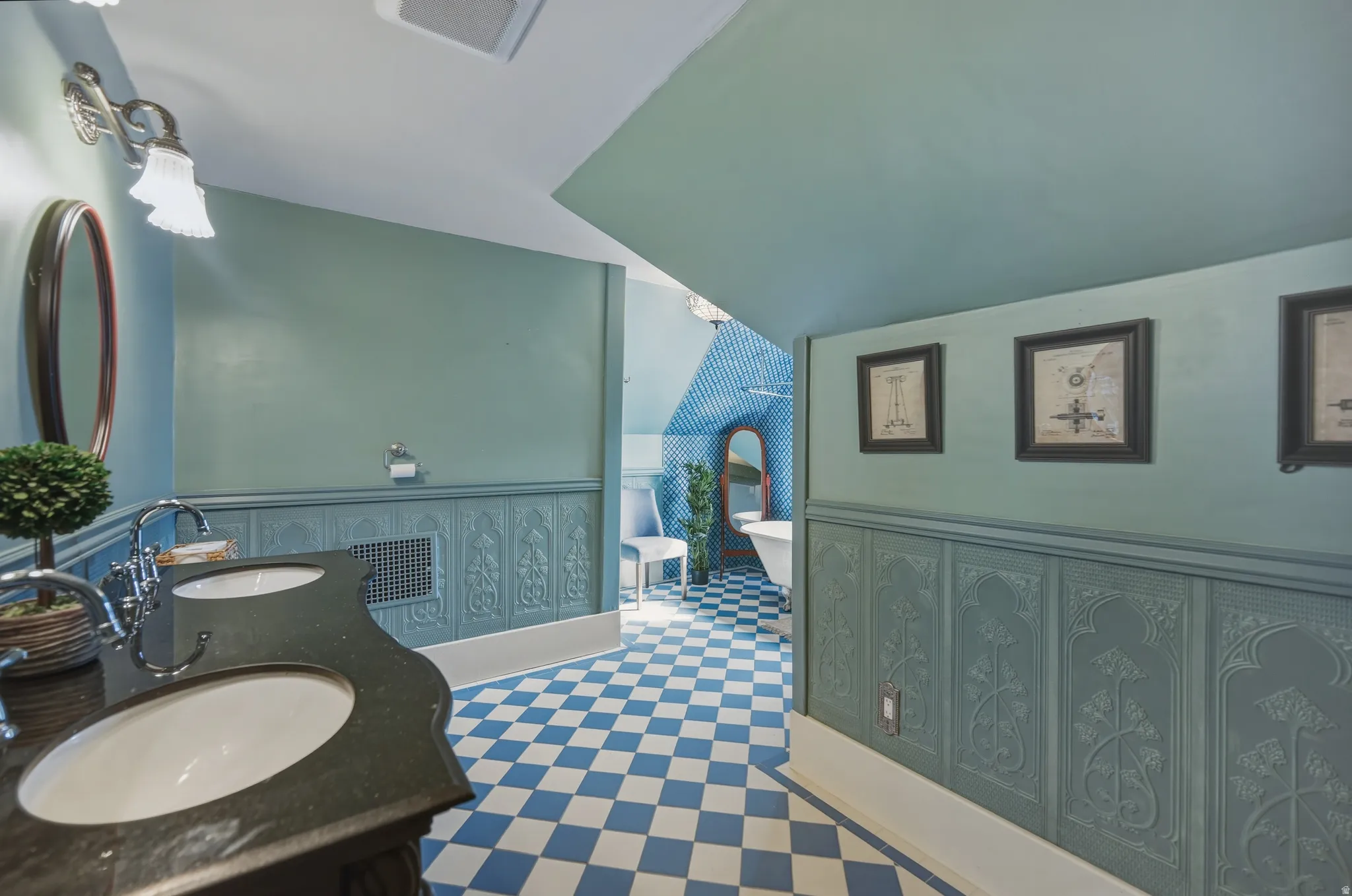Full bathroom featuring double vanity, Lincrusta imported from England & clawfoot tub.