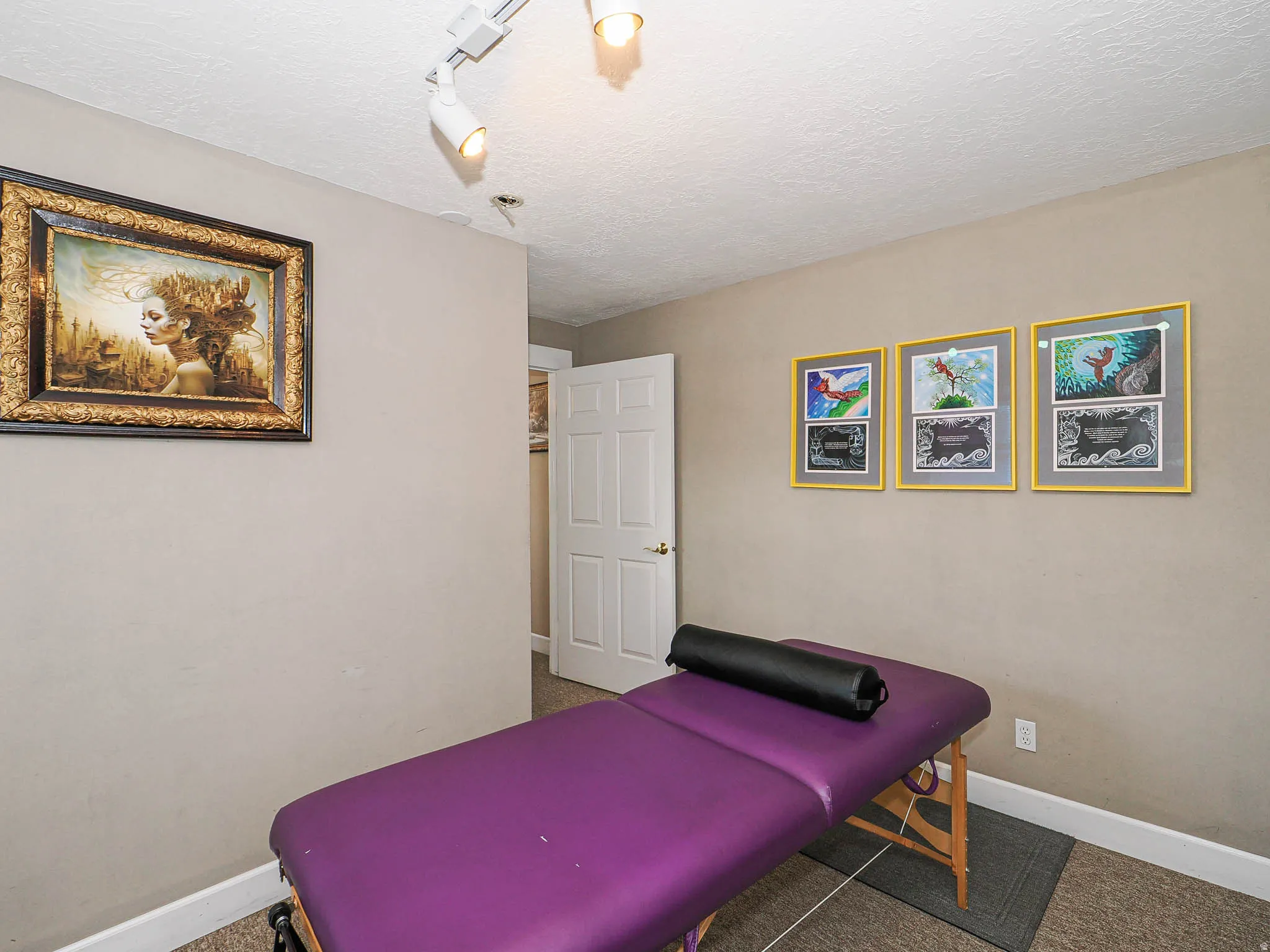 Carpeted bedroom with a textured ceiling and rail lighting