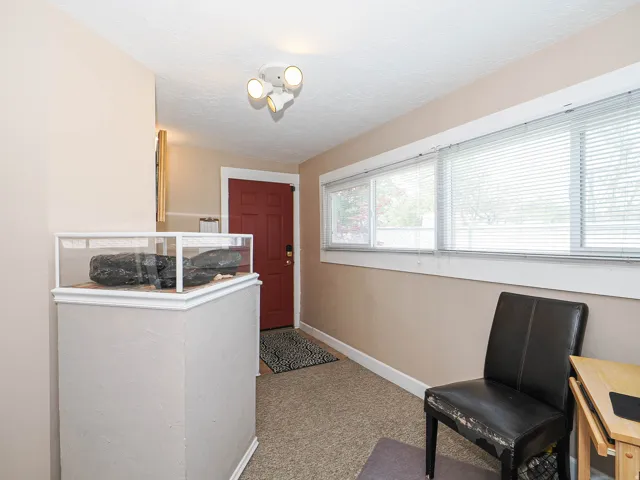 Laundry area featuring a textured ceiling and light carpet