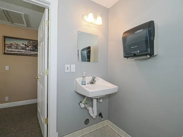 Bathroom featuring baseboards and light carpet