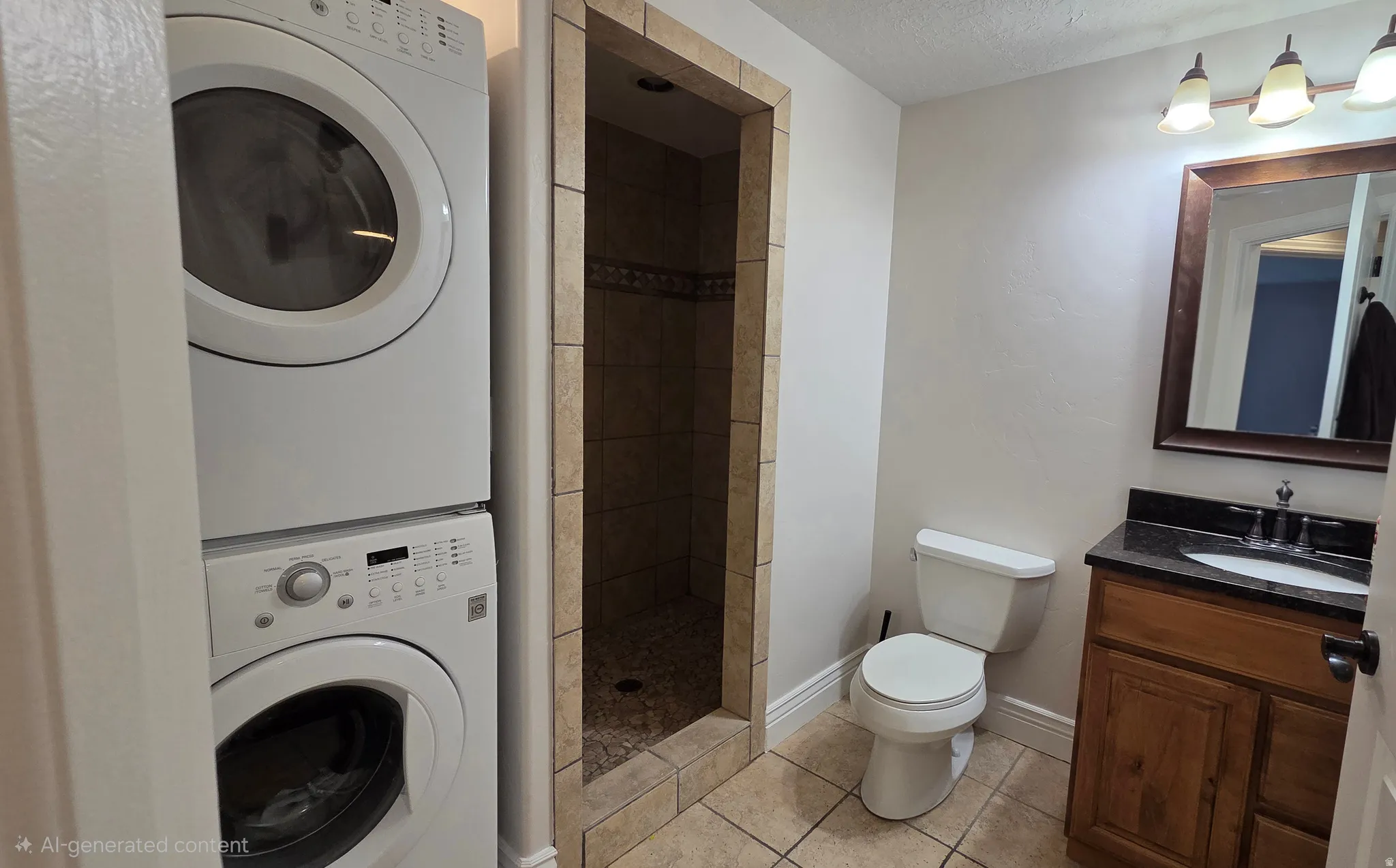 Bathroom featuring tile shower, vanity, tile floors, stacked washer and dryer.