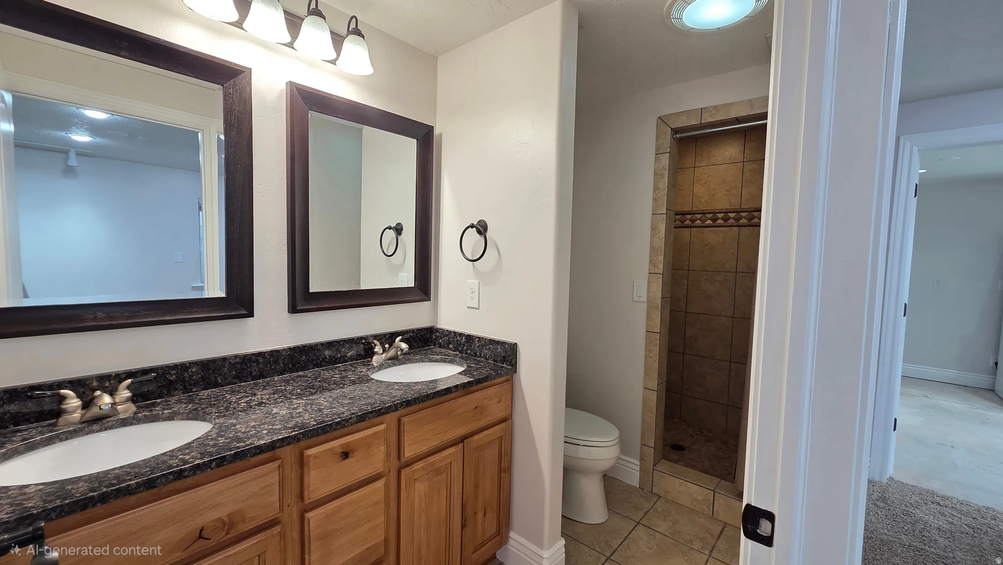 Bathroom featuring double vanity, a stall shower, and travertine floors
