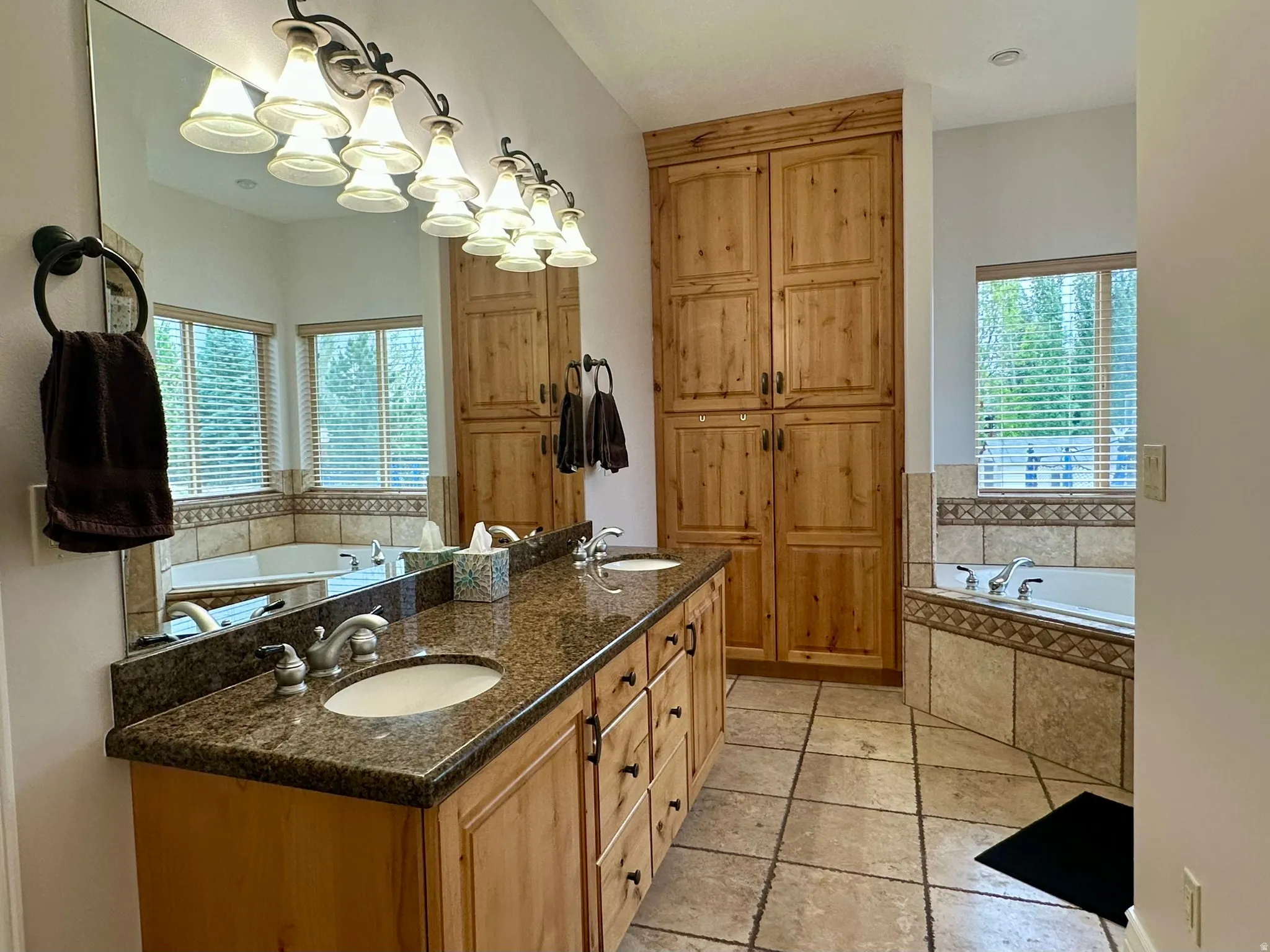 Double vanity featuring under-mount sinks and a stone countertop