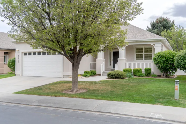 Obstructed view of property featuring a porch, a front lawn, roof with shingles, and concrete driveway